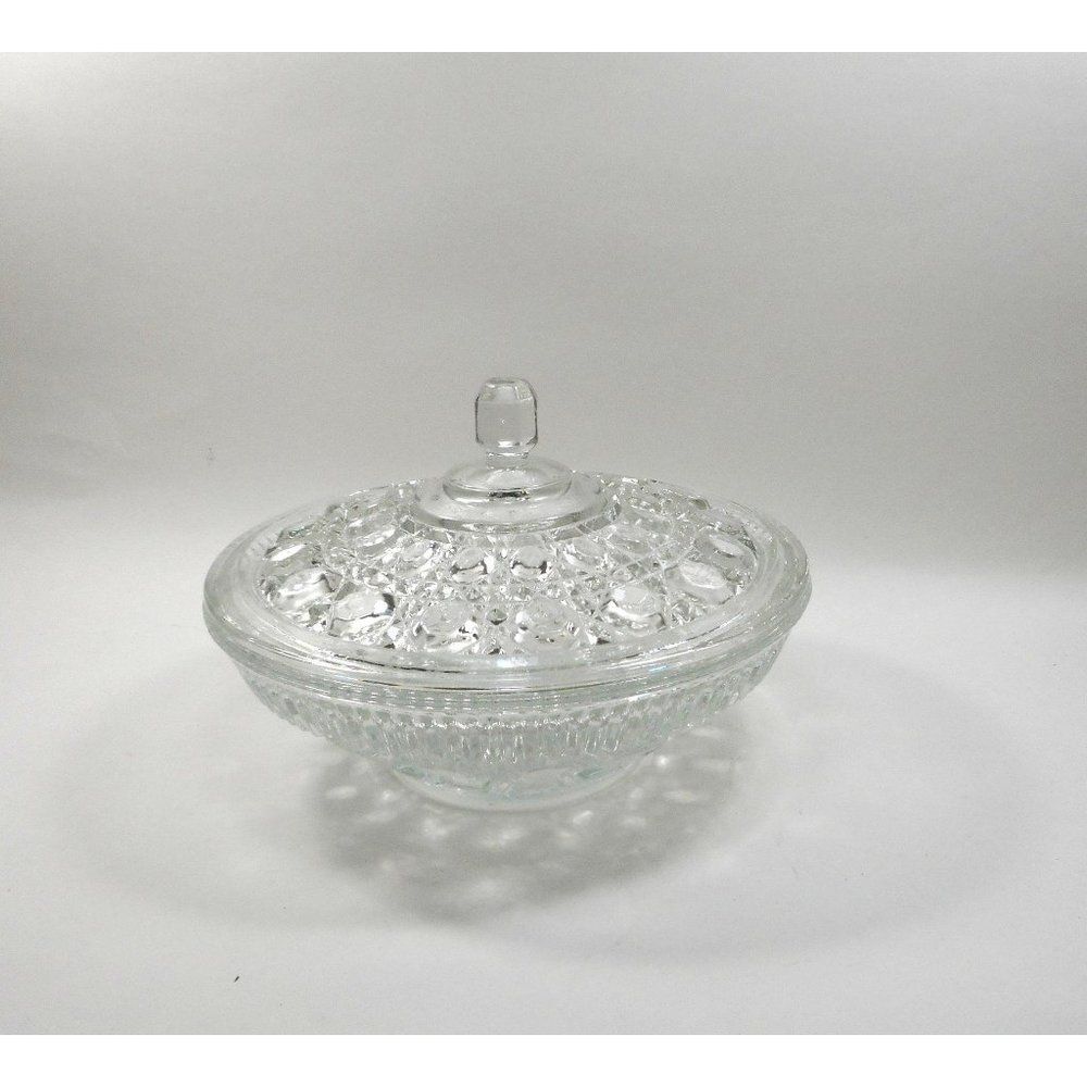 Vintage Cut Glass Low Profiled Jeweled Top Candy Jar with lid